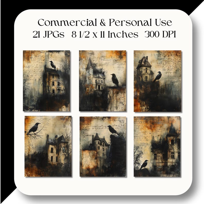 Puede incluir: Un collage digital de seis im&aacute;genes que muestran un edificio g&oacute;tico en ruinas con cuervos posados en varias partes de la estructura. Las im&aacute;genes est&aacute;n sobre un fondo de papel envejecido y texturizado con texto escrito a mano.