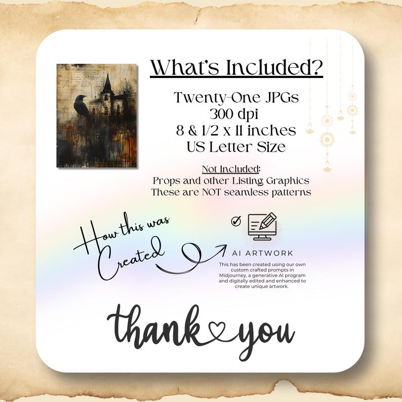 Puede incluir: Una ilustraci&oacute;n digital de un edificio oscuro de estilo g&oacute;tico con un cuervo posado en el techo. La imagen forma parte de un conjunto de 21 im&aacute;genes digitales, cada una de las cuales mide 21,6 cm por 27,9 cm, y est&aacute; disponible para descargar como archivo JPG.