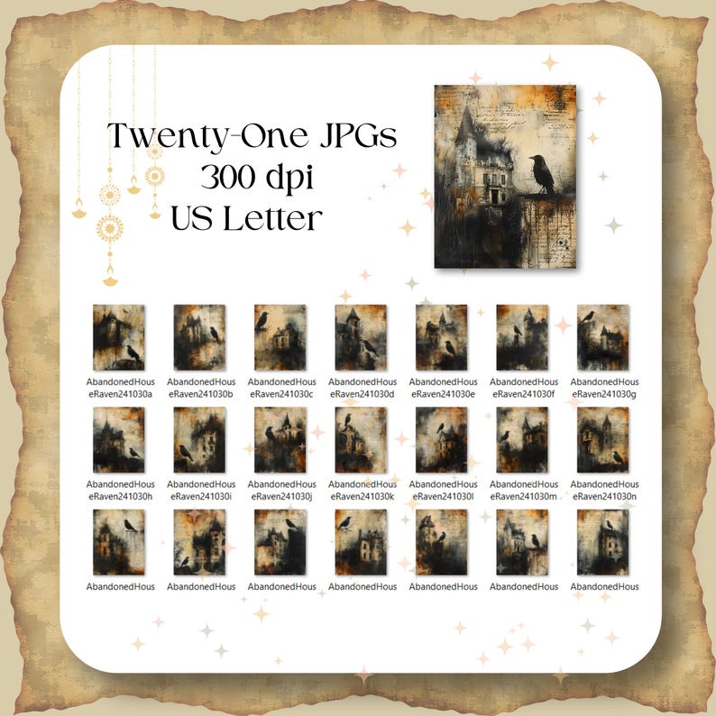 Puede incluir: Veinti&uacute;n impresiones de arte digital de una casa oscura y abandonada con un cuervo posado en el techo. La casa est&aacute; situada sobre un fondo de papel descolorido y texturizado con una est&eacute;tica vintage. Las impresiones son de 300 dpi y est&aacute;n dimensionadas para papel US Letter.