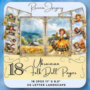Ukraine Folk Dolls Junk Journal Scrapbooking Paper Instant Digital Download Cottagecore Printable Page Country Vibe 11&quot; x 8 1/2&quot; Landscape