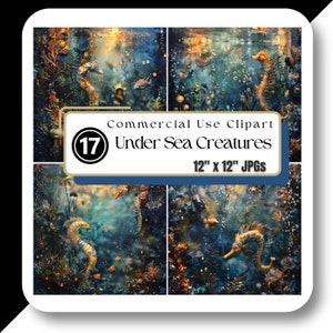 Puede incluir: Un collage digital de cuatro imágenes con caballitos de mar en una escena submarina azul y dorada. Las imágenes están etiquetadas "Commercial Use Clipart Under Sea Creatures 12" x 12" JPGs".