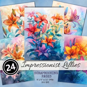 Floral Digital Paper JPG Impressionist LILY US Letter 8 1/2&quot; x 11&quot; Watercolor Flower Background Junk Journal Scrapbook Pages Commercial Use