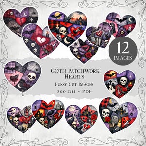 May include: A collection of 12 Gothic patchwork heart images. Each heart features a unique design with skulls, bats, roses, and other spooky elements. The hearts are in shades of purple, black, and red. The text on the image says "GOTH PATCHWORK HEARTS".
