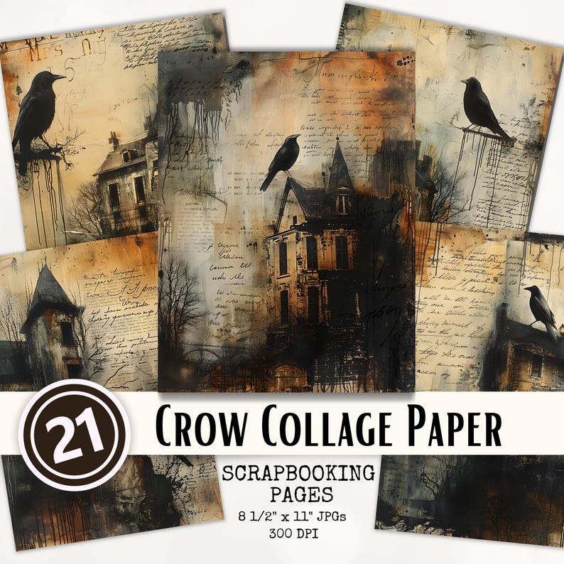 Puede incluir: Un conjunto de 21 papeles digitales para scrapbooking con un collage de cuervos, casas y texto escrito a mano. Los papeles miden 21,6 cm x 27,9 cm y 300 DPI.