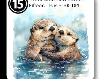 Sea Otter Mom & Pup JPG Clipart Watercolor Ocean Animal Family Baby Junk Journal Instant Download High Quality JPG For Crafters and Creators