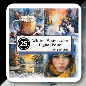 Aquarel WINTER digitaal papier JPG Clipart sneeuw skiën sjaal warme chocolademelk plakboek ongewenste Journal hoge kwaliteit Instant Download Commercial