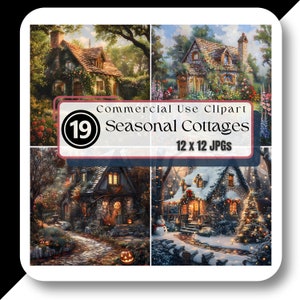 May include: A set of 19 digital images featuring charming cottages decorated for different seasons. The images are 12 inches by 12 inches and are in JPG format.  The images include a cottage with a pumpkin, a cottage with a snowman, and a cottage with Christmas lights.