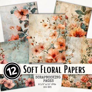 Set of 12 Soft Floral Digital Papers JPG Clipart, Junk Journal Clipart, Scrapbooking, Peach Flower Clipart, Instant Download, Commercial Use