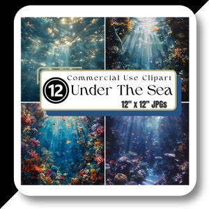 Puede incluir: Un conjunto de 12 imágenes digitales que muestran escenas submarinas con arrecifes de coral, peces y rayos de sol. Las imágenes miden 30,5 cm por 30,5 cm y están en formato JPG. El texto "Commercial Use Clipart Under The Sea 12" x 12" JPGs" se muestra en la imagen.