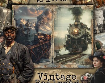 Vintage Railroad Junk Journal Pages, Printable Paper, Nostalgic Train Art, 11" x 8.5" JPG Kit, Craft Supplies for Journaling, Retro Ephemera