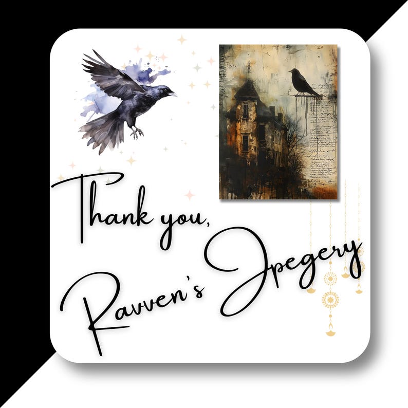 Puede incluir: Gracias, Raven's Jegery. Una pintura de acuarela de un cuervo negro volando con un fondo azul y morado. Una segunda imagen muestra un cuervo negro posado en un edificio deteriorado con un fondo vintage.