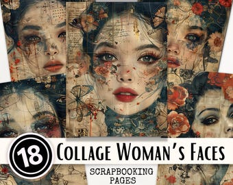 Papel para álbum de recortes con retratos de diario basura, descarga digital, página imprimible vintage grunge, hermosa mujer floral, 8 1/2 x 11, uso comercial