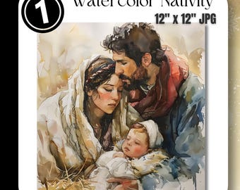 Watercolor Nativity JPG Clipart Religious Faith Clip Art Beautiful Painting Style for Holiday Cards Instant Digital Download Commercial Use