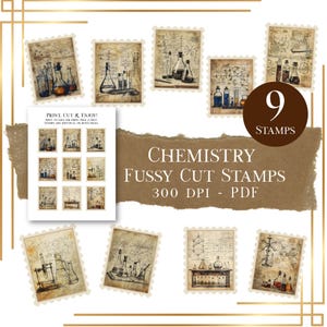 May include: A collection of nine chemistry-themed fussy cut stamps with a vintage aesthetic. The stamps feature illustrations of beakers, flasks, and scientific diagrams. The text "CHEMISTRY FUSSY CUT STAMPS" is displayed on a torn paper background.