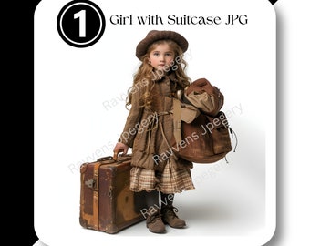 Vintage Girl with Suitcase JPG Clipart | Travel Girl Clipart | Watercolor JPG | Adventure Clip Art | Little Girl Clipart | Vacation Girl JPG