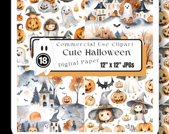 Cute Halloween JPG 12"x12" Digital Paper Seamless Pattern Ghost Witch Jack-o-lantern pumpkin Journal Scrapbook Instant Download High Quality