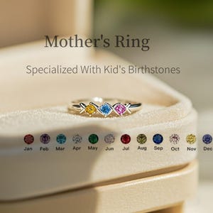 May include: A silver ring with three birthstones. The ring has a yellow, blue, and pink stone. The ring is in a white box with the text "Mother's Ring" and "Specialized With Kid's Birthstones". Below the ring are twelve coloured stones representing the months of the year.
