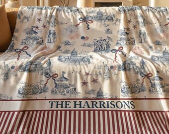 Patriotic Blanket Independence Day Toile Americana Home Decor Vintage Fourth of July Custom Throw Sofa Cover Personalized Family Heritage