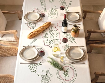 Tablescape Art Tablecloth Rectangle French Country Rustic Barn Wedding Hand Drawn Linen Custom Family Brunch Farmhouse Personalized Decor