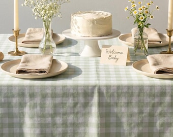 Green Gingham Tablecloth Picnic Baby Shower Linen Easter 1st Birthday Party Table Spring Farmhouse Table Cloth Custom Name Kitchen Decor
