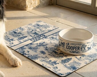 Dog Bowl Mat Personalized Labrador Retriever Food Placemat Name French Country Toile Non Slip Floor Decor Kitchen Gift for Pet