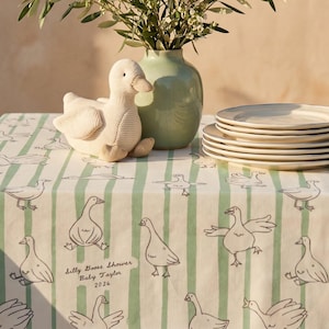 Silly Goose babyshowerduk rektangulär salviagrön stripig linnefärgad bordsdekoration för nyfödda, välkomstgåva, födelsedagspojke och flicka