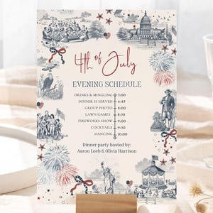 May include: A decorative 4th of July evening schedule card with a wooden base. The card features illustrations in blue and red, including fireworks, historical figures, and the Statue of Liberty. The text reads "4th of July" and lists the evening's events.