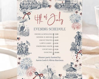 Programa patriótico del Día de la Independencia. Plantilla editable de Canva para imprimir. Horario de cena del 4 de julio. Letrero personalizado para la mesa de la familia estadounidense.
