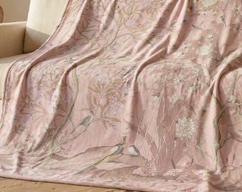 Pink Chinoiserie Throw Blanket Bird Toile Sofa Cover Japanese Aesthetic Decor Art Birthday Gift for Mom Grandma Friend