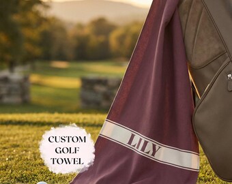 Personalized Golf Towel Name Burgundy Custom Golfing Bag Cart Accessories Face Cloth Mothers Day Gift for Women Mom Ladies Tournament