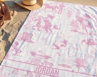 Pink Coastal Cowgirl Towel Custom Name Surf Toile Beach Gift Bachelorette Favor Western Summer Bath Decor Personalized Gift for Daughter