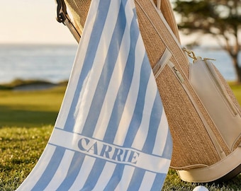 Personalized Striped Golf Towel Custom Name Cabana Blue Mediterranean Golfing Accessory Gift for Player Team Coastal Bachelorette