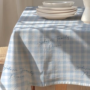 Blue Gingham Tablecloth Picnic Baby Shower Summer 1st Birthday Party Table Preppy Farmhouse Aesthetic Tablecloth Custom Name Table Decor