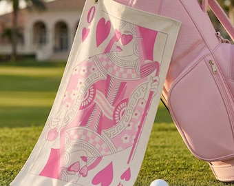 Pink Golf Towel for Women Retro Playing Card Birthday Personalized Mother Gift Ladies Golfing Team Tournament Favor Friend Mom Daughter