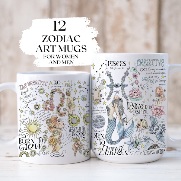 Zodiac Mug Taurus Astrology Affirmation Cup Pisces Whimsical Mothers Day Gift Birthday Party Keepsake Witch Gift Leo Gemini Gift Daughter