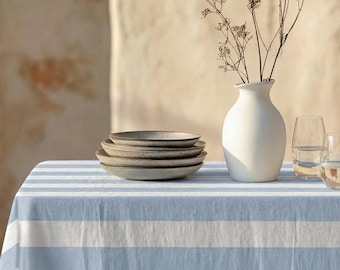Striped Tablecloth Blue Rectangle Coastal Linen Nautical Bridal Shower Party Table Cloth Square Mediterranean Dinning Decor for Restaurant