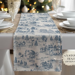 Blue Christmas Toile Table Runner Classic Santa Decor Xmas Day Decor Winter Woodland Dinning Linen Holiday French Country Luxury Aesthetic