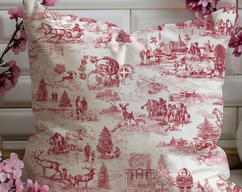 Red Christmas Toile Pillow Classic Santa Cushion Luxury Aesthetic Festive Holiday Home Decor Guest Room Xmas Gift for Family