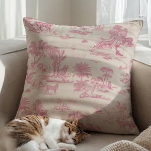 Almohada de gato con diseño de toile rosa, regalo para amantes de los gatos, regalo de cumpleaños, cojín para casa de gato, decoración estética de lujo para el hogar, regalo de cumpleaños para dueños de gatos