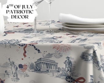 Americana Tablecloth Patriotic Party Table Decor Custom Toile American Flag Kitchen Decor Vintage Aesthetic Table cloth Gift White Red Blue