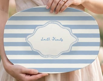 Blue Striped Platter Custom Nautical Coastal Beach Boat Party Plate Serving Tray Beach Bachelorette Table Decor Personalized Mediterranean