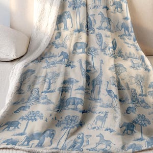 Blue Safari Blanket Toile Jungle Animal Throw Blanket Comforter Birthday Mother Gift Boy Elephant Decor Giraffe Decor Lion Cheetah Zebra