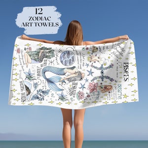Zodiac Beach Towel Astrology Towel Birth Flower Pisces Aries Towel Mermaidcore Whimsical Birthday Gift Women Personalized Gift Daughter Mom