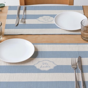 May include: Two place settings with blue and white striped placemats, white plates, and clear drinking glasses. Each placemat has a decorative label with the text "The Smiths". Silverware is placed on each mat.
