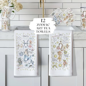 Dierenriem theedoek keukenhanddoek astrologie handdoek geboorte bloem vissen Weegschaal Maagd cadeau grillige decor verjaardagscadeau oma moeder verjaardagscadeau