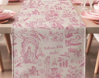 Baby Shower Table Runner Pink Welcome Baby Girl Party Decor Custom Vintage Tablecloth Chinoiserie Toile Kitchen Decor Retro Table Linen