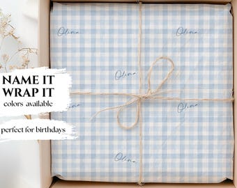Papel de regalo de cuadros azules, papel de regalo personalizado con nombre, papel de regalo para fiesta de cumpleaños, rollo de papel de regalo para baby shower, estilo preppy