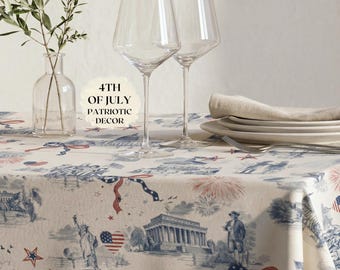 Americana Tablecloth Patriotic Party Table Decor Custom Toile 4th of July Flag Kitchen Decor Vintage Table cloth Gift White Red Blue