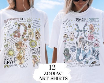 Zodiac Shirt Leo Pisces Astrology Oversized Tee Floral Celestial Teenage Girl Gift Birthday Party Top Witch Gift Daughter Bday Shirt Summer