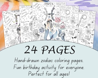 Zodiac Adult Coloring Book Printable Astrology Coloring Pages Birthday Party Activity Birthday Party Favor Download Wall Art Therapy Gift